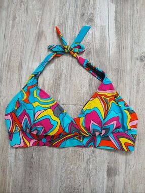 George Retro Groovy Colorful Halter Bikini Top Size 1X - NEW